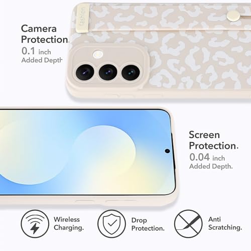 Image of Compatible with Samsung Galaxy S25 FE Case with Strap Wrist White | Cheetah Print Shockproof Soft TPU Protective Cover for Women Girls, Slim Anti Scratch Case 6.7 Inch, White