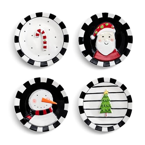 DEMDACO Heartful Home Holiday Black, White Striped 6.5 Inch Ceramic Stoneware, Christmas Tabletop Décor, Round, Appetizer Serving Dish Plate, Set of 4, Snowman, Santa, Tree, Candy Cane DEMDACO Heartful Home Holiday Black, White Striped 6.5 Inch Ceramic Stoneware, Christmas Tabletop Décor, Round, Appetizer Serving Dish Plate, Set of 4, Snowman, Santa, Tree, Candy Cane
