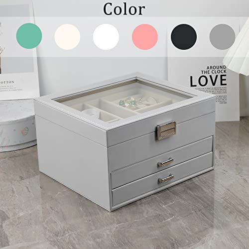 Boovo Clear Lid Jewelry Box,3 Layers Jewelry Organizer Large Multi-Functional Jewelry Storage Box With 2 Drawers,Jewelry Display Case Of Rings Earrings Necklace Bracelets For Women Girls (Grey) #TOP4