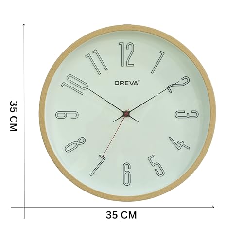 Image of OREVA 14 Inch Round Fancy Embossed Number Dial Contemporary Stylish Quartz Clocks Modern Analog Silent Wall Clock for Living Room Bedroom Home Decor Office AQ-9477SS (L Wood)