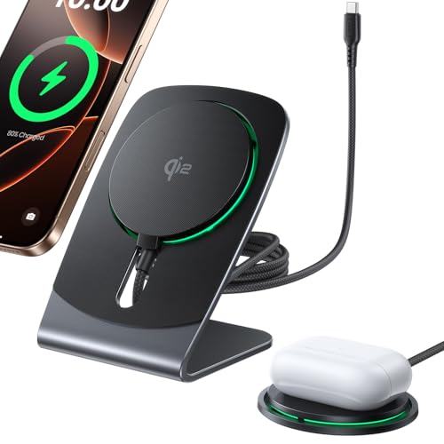 INIU Magnetic Wireless Charger Stand, Qi2 Certified 15W Mag-Safe Wireless Charging Pad with Cooling Fan, Fast Charging Pad for iPhone 17 16 15 14 13 12 Series AirPods 4 3 2 Pro (Adapter Not Included)