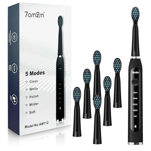 7am2m 電動歯ブラシ ソニック電動はぶらし 音波振動歯ブラシ 5のモード 替えブラシ6本付き USB-C充電 フル充電で45日使用可能 軽量で握りやすい自動歯磨き 2分間スマートタイマー IPX7防水 低騒音 ブラック