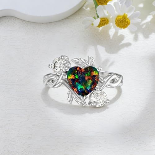 Image of 0.3 Carat Moissanite and White Opal /Blue Opal /Black Opal Engagement Ring 925 Sterling Silver 8-9 MM Heart /Round /Oval Cut Opal Moissanite Ring for Women Size 5-13
