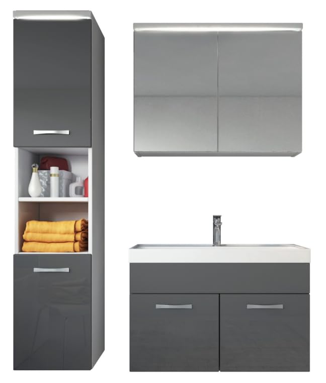 Badplaats B.V. Meuble de Salle de Bain de Paso 80 x 40 cm lavabo Gris Brillant – Armoire de Rangement Meuble lavabo Armoire Miroir