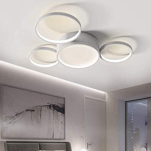 Qamra Modern LED Ceiling Light, Creative Dimmable Flush Mount Lighting Fixture, 3 Color 4 Rings Chandelier with Remote Control for Living Room Kitchen Island Bedroom Dining Room (White, 40W)