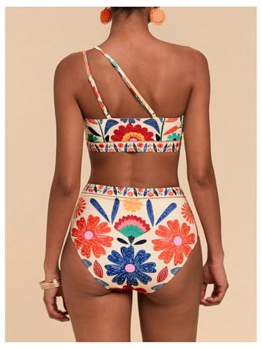 MakeMeChic Women's High Waisted Bikini Set Floral One Shoulder Boho Swimwear Bathing Suit Swimsuit2