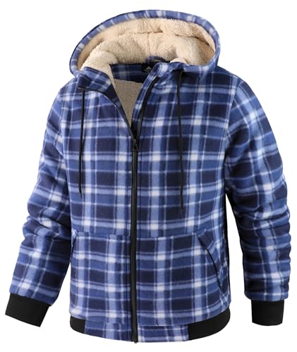 Image of Mens Plaid Hoodies Winter Zip Up Fleece Jacket Sherpa Fleece Lined Warm Flannel Jacket Coat