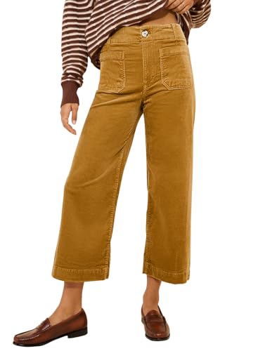 miduo Womens Zipper Button High Waisted Casual Capris Pants Straight Leg Wide Leg Corduroy Pants with Pockets Cropped Pant Trousers Brown 27