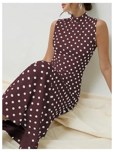 Image of Milumia Women's Polka Dots Maxi Tank Dress Vintage Mock Neck Sleeveless Elegant Long Dresses