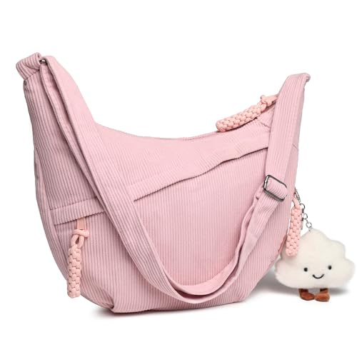 Sac bandoulière femme en velours côtelé marron style moon bag demi-lune ajustable