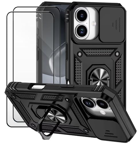 Dechyi Cover per IPhone 17 6.27 Pollici con Vetro Temperato Custodia con Scorrevole Protezione Fotocamera Custodia Rotante Anello Supporto Antiurto TPU Bumper Custodie-Nero