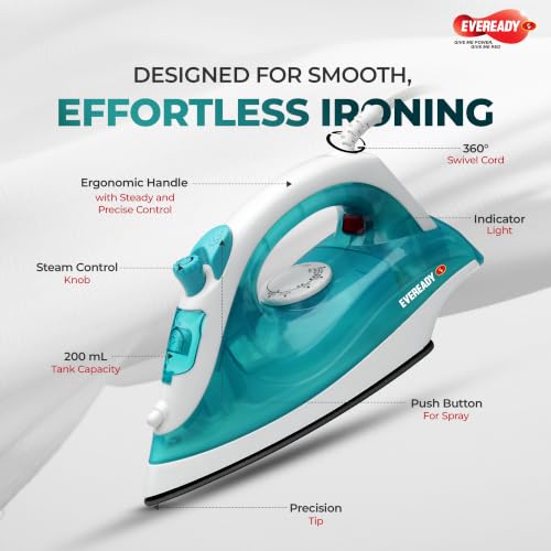 Image of Eveready Maxsteam 1300W Steam Iron with Weilburger PTFE Coated Soleplate, 19-Vent Even Steam Distribution, 200ml Large Water Tank, 1.75m Long Braided Cord & 2 Years Warranty (Blue-White)