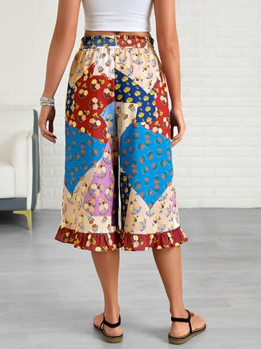 Image of Womens Wide Leg Palazzo Capri Pants Fun Vintage Print Flowy Cropped Capris