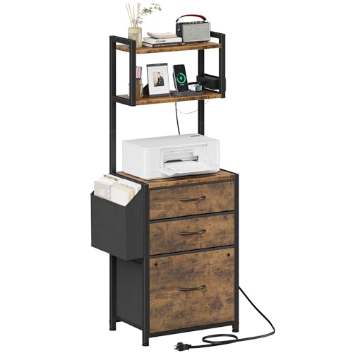 Small 3 Drawer File Cabinet with Charging Station, 45”H, 3-Tier Filing Cabinet for Home Office, 11”*16” for Small Printer, Fabric Drawer Fits Letter/A4, Tall Printer Stand, Rustic Brown