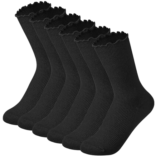 6 Pairs Ruffle Socks for Women and Girls - Turn-Cuff Frilly Casual Cute Lettuce Edge Crew Slouchy Boot Socks