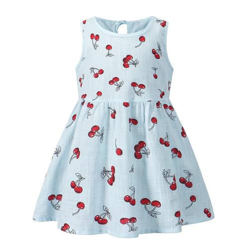 Sommerkleid Mädchen Ärmelloses Baumwolle Leinen Kleider Süß Kirschbaumdruck Mädchenkleid Kinderkleider Sommer Urlaub Lässiges Prinzessin Kleider Freizeitkleid Partykleider für 2-6 Jahre