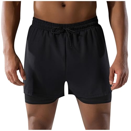 Mens Comfy Fit Swim Shorts 2 in 1 Training Athletic Trunks Running Quick Dry Mesh Lined Solid Drawstring Bottoms