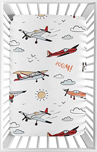 Image of Sweet Jojo Designs Vintage Airplane Boy Fitted Mini Crib Sheet Baby Nursery for Portable Crib Pack and Play - Grey Yellow Orange Red White Blue Airplanes Air Plane Transportation Clouds Sky Aviator