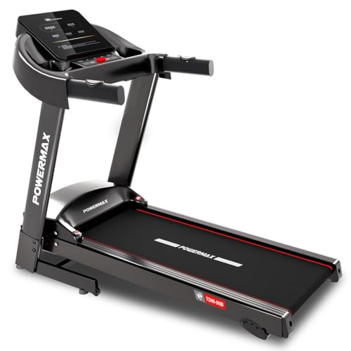 PowerMax Fitness TDM-96B 4HP DC Treadmill for Home | 110KG Max User Running Machine | 14km/hr Top Speed, 4-Level Manual Incline | Bluetooth for app, Speaker, Mp3 | Foldable Cardio Machine, LED Display