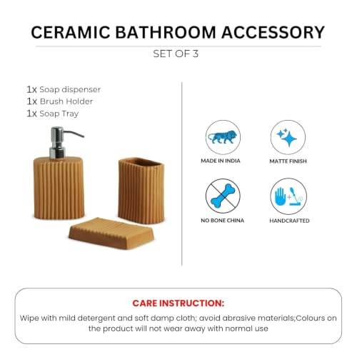 Image of ExclusiveLane 'Amber Flute' Ceramic Bathroom Accessories Set of 3 (Ceramic Liquid Soap Dispenser Set for Wash Basin, Paste & Toothbrush Holder, Soap Tray) |Hand-Carved |Bathroom Organiser Set