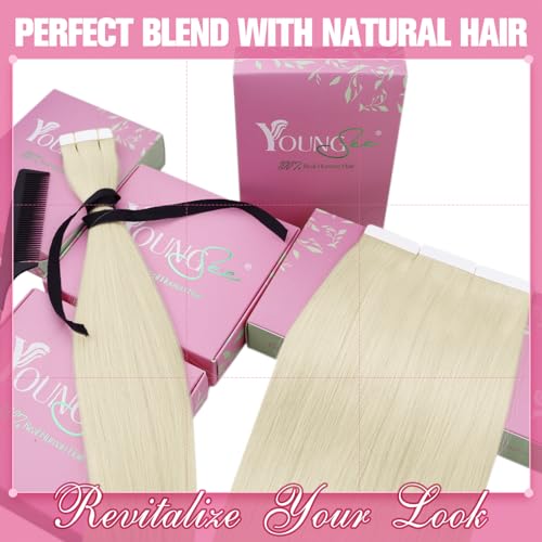 Image of YoungSee Tape in Extensions Platinum Blonde Human Hair Tape in Extensions Blonde Tape in Hair Extensions Human Hair Invisible Tape-in extension Real Human Hair 20 Inch 50g Tapes Extension for Wedding