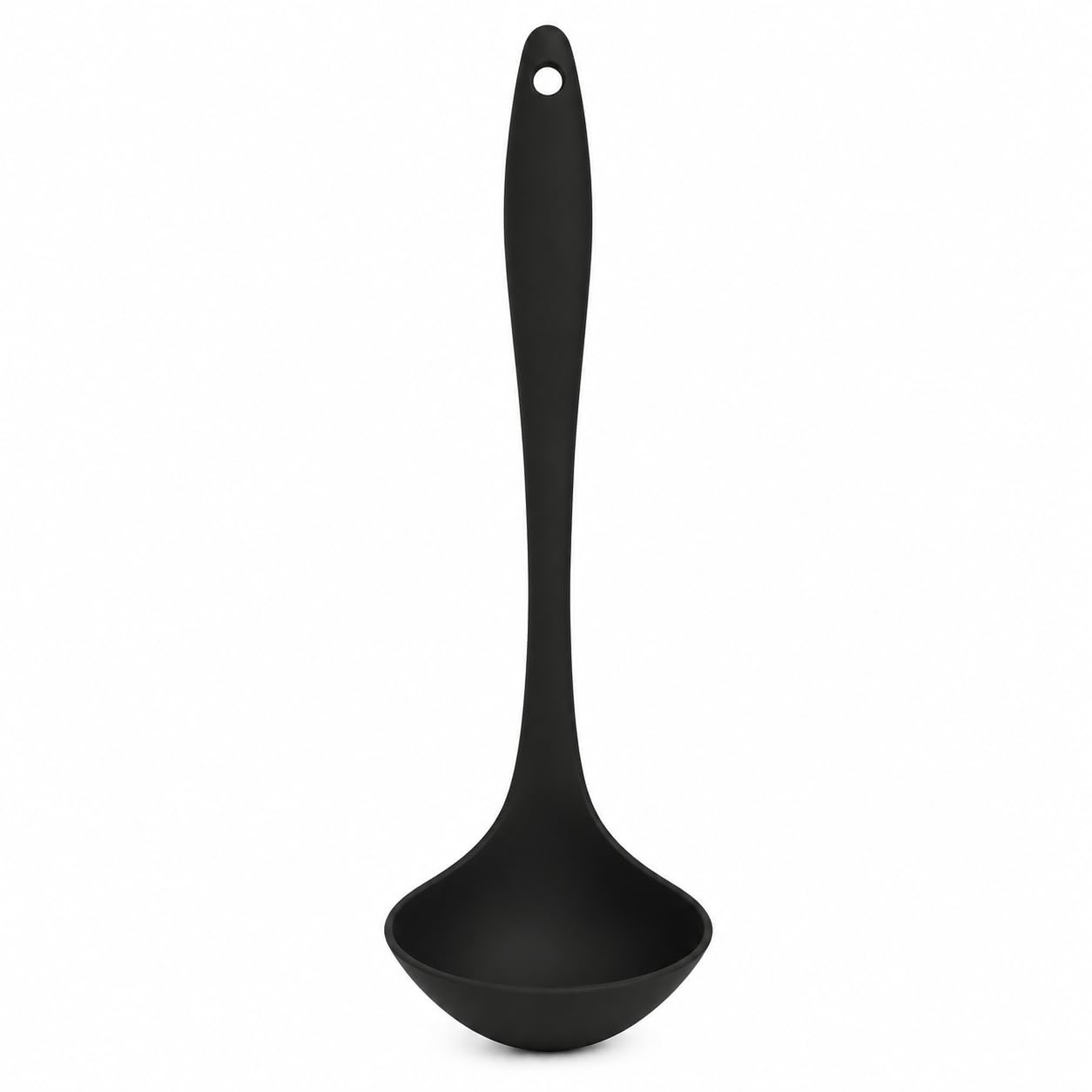 Concha de Silicone Preta Utensilio de Cozinha com Cabo Longo e Furo para Pendurar