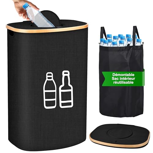 IEEILULU Poubelle Recyclage avec Couvercle, 110L Collecteur de Bouteilles Consignées, Poubelle tri Selectif avec Sacs de Transport, Rangement Bouteille Cuisine, pour Plastique Verre (Noir, 110L)