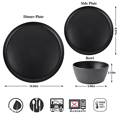 Dinnerware Sets 12 Pcs Plates And Bowls Sets Melamine Plates Indoor And Outdoor Use Matte Black Dish Set Plate Set For 4 Dishwasher Safe #TOP5