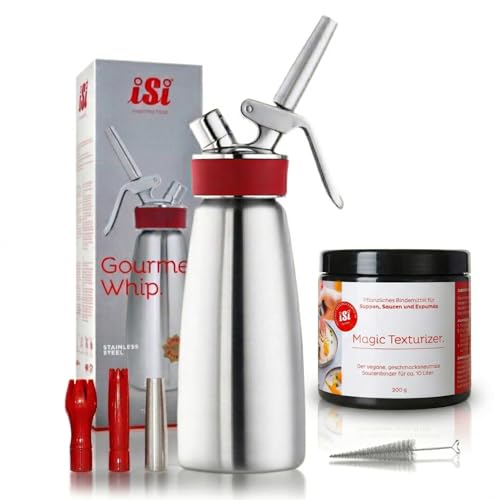 iSi Sahnespender 500ml Edelstahl Profi Sahnesyphon für Schlagsahne & Espuma Gourmet Whip inkl 3 Tüllen & Reinigungsbürste Sahnesiphon Flasche + Magic Texturizer