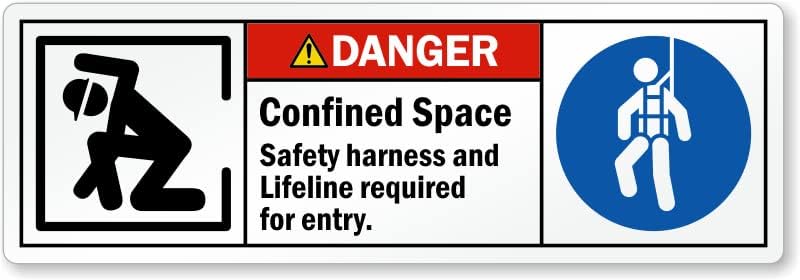 Danger Confined space safety harness and lifeline - required for entry signage board, PVC Waterproof sticker fixed on Foam board with double side tape