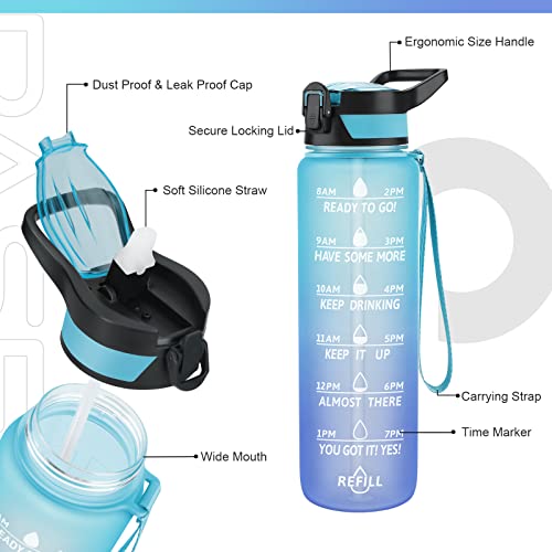 Image of PASER Motivational Water Bottle 32 oz with Straw & Time Marker, BPA Free & Leakproof Tritan Portable Reusable Fitness Sports Water Jug for Men Women & Kids (with Bottle Brush and Straw Brush)
