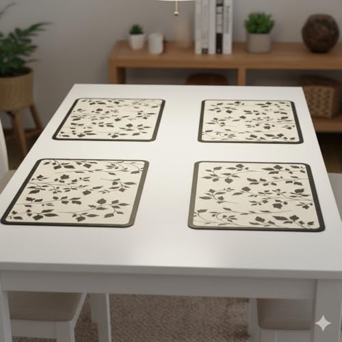 Image of YELONA Leather Dining Table Placemats Set of 4 - Waterproof, Heat Resistant, Anti-Slip, Easy to Clean Table Mats for Dining Table, Kitchen & Home Decor (Black Botanical, 40 x 30 cm)