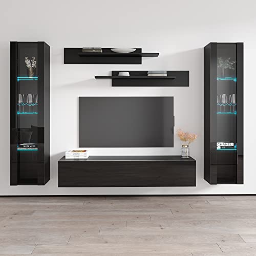Meble Furniture Fly AB2 30TV Stand - Wall-Mounted Entertainment Center Console for Bedroom & Living Room - Modern TV Floating Entertainment Center with Storage, Shelves, and LED Lights - Black