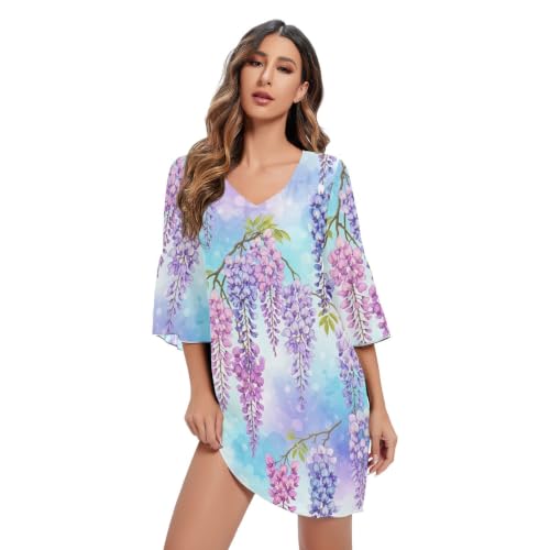 Robe d'été hawaïenne fluide à fleurs violettes et manches 3/4 pour plage