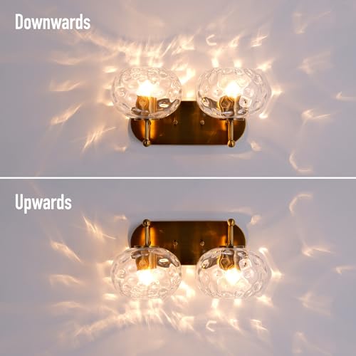 Image of Brushed Gold Vanity Light Clear Hammered Glass Wall Sconce 2-Light Brass Wall Lamp for Hallway Living Room Stairwell Bathroom Over Mirror