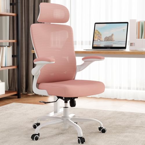 Image of Pink Ergonomic Office Chair: Mesh Desk Chair Comfy with Adjustable Lumbar Support 330lbs High Back Computer Gaming Chair - Big and Tall Office Chairs with Headrest - Adults Home Office