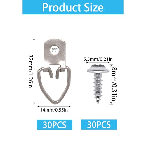 Image of D Ring Picture Hangers, Single Hole with Screws, D Rings Heavy Duty, Picture Hang Solutions for Mirror, Clock, Decoration, Paintings, Artwork Pictures Frame, 30 PCS