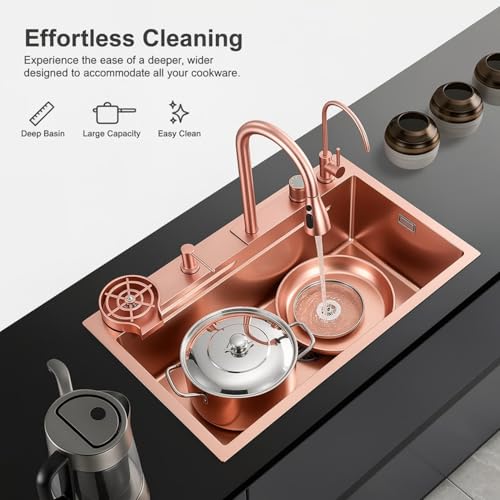 Image of Wallace 304 Grade Rose Gold Single Bowl Multifunction Kitchen Sink 30 x 18 x 10 Inch | Stainless Steel Workstation Sink with Integrated Waterfall Cup Washer Drain Basket RO Tap & Pull Down Faucet