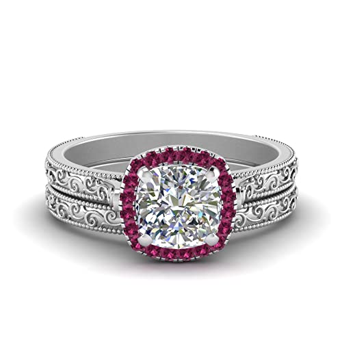 Image of Choose Your Gemstone Hand Engraved Halo Cushion Wedding Ring 925 Sterling Silver Cushion Shape Wedding Ring Sets Matching Jewelry Wedding Jewelry Easy to Wear Gifts US Size 4 to 12
