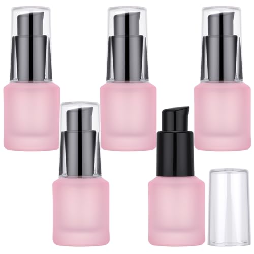 Image of Segbeauty 0.5oz Frosted Glass Lotion Pump Bottles, 5pcs Refillable Empty Travel Size Bottles for Lotions, 15ml Pink Glass Small Travel Containers for Creams, Mini Hair Oil Bottle Pump Dispenser