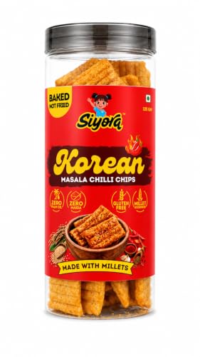 Image of SIYORA Korean Masala Chilli Chips | Made with Jowar & Foxtail Millet | Spicy Korean Flavour | Baked Multigrain Snack | No Maida, No Palm Oil, No Trans Fat | 125 g