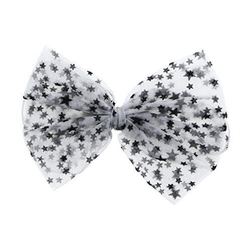 7 Inch Chiffon Bow Hair Clip With Black Stars - White #TOP12