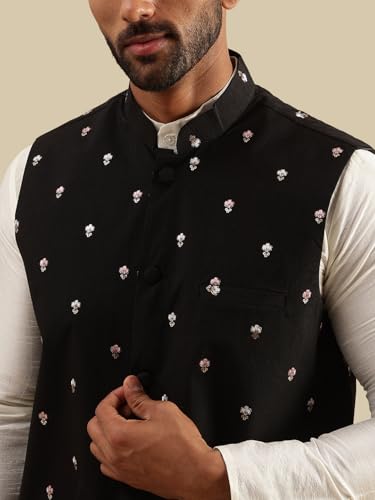 Image of SOJANYA Men's Silk Blend Cream Kurta and Pyjama With Daman Embroidered Nehru Jacket