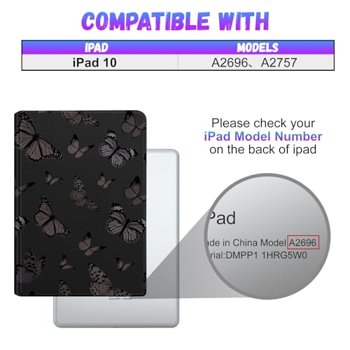 Pegmode for iPad 10th Generation Case 10.9 Inch Women Girls Butterfly Cute Folio Cover Black Girly Aesthetic Pretty Design With Pencil Holder Cover for Apple iPad 10th Gen Cases 2022 A2696 A2757 - Image 2