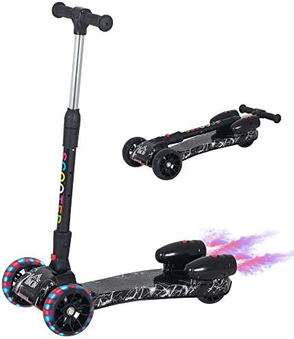 HOMCOM Scooter for Kids Toddler 3 Wheel Adjustable Height w/ Flashing Wheels Music Water Spray Foldable Kick Scooter for Boys and Girls 3 - 6 Yrs