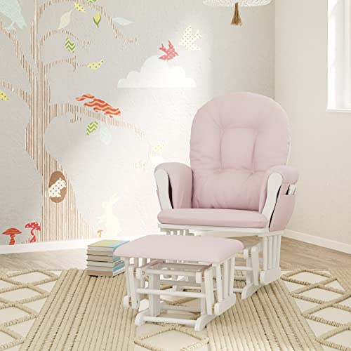 Storkcraft Premium Hoop Glider and Ottoman (White Base, Pink Swirl Cushion) – Padded Cushions with Storage Pocket, Smooth Rocking Motion, Easy to Assemble, Solid Hardwood Base