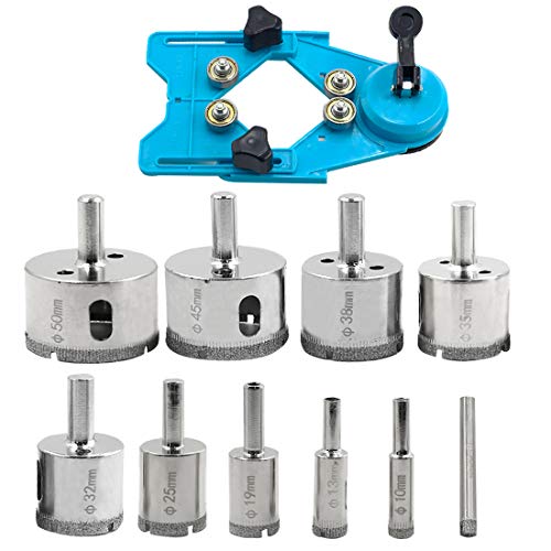 Diamond Drill Bits Set with Hole Saw Guide Jig, PHITUODA 11pcs Diamond Hole Saw Glass Hole Saw Tile Hole Saw for Glass, Marble, Ceramic, Granite, 1/4" to 2", 6-50mm