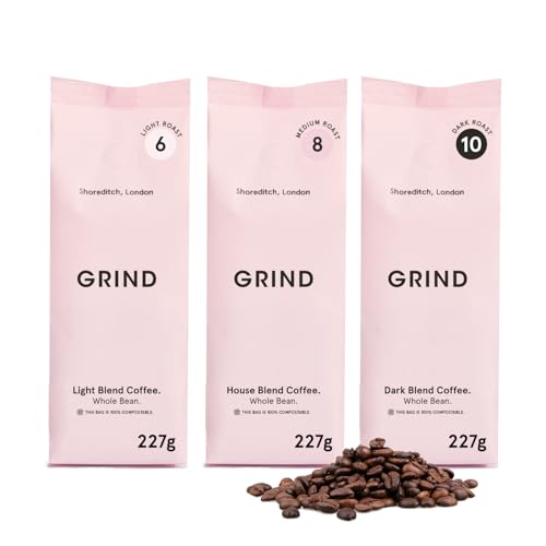 Grind Coffee Bean Variety Pack – 3x 227g – Amazon Exclusive – House/Light/Dark Roast – Suitable for all Coffee Machines – Barista Quality – Freshly Roasted in UK