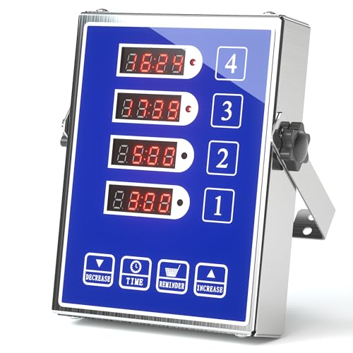 Commercial Kitchen Timer with 4 Channels, Digital Timer for Cooking, Loud Alarm Volume +/-, Food Truck Restaurant Supplies, Heavy Duty Stainless Steel Large Timers, Waterproof Panel & Memory Function