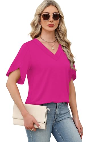 Image of WIHOLL Womens Summer Tops Short Petal Sleeve Shirts Fashion V Neck Womens Clothing